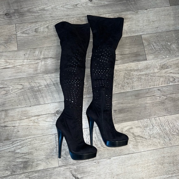 bebe Shoes - Bebe platform thigh high boots - faux suede with cutout design